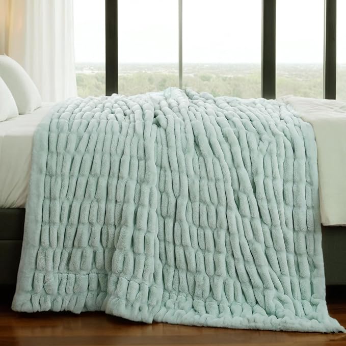 BATTILO Faux Fur Throw Blanket for Couch, 50"x60", Double Side, Sage Green