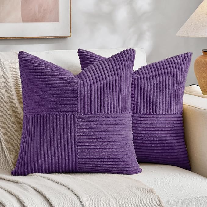 Fancy Homi 2 Packs Purple Decorative Throw Pillow Covers 18x18 Inch for Living Room Couch Bed, Boho Farmhouse Home Decor, Soft Corss Corduroy Patchwork Textured Square Cushion Case 45x45 cm
