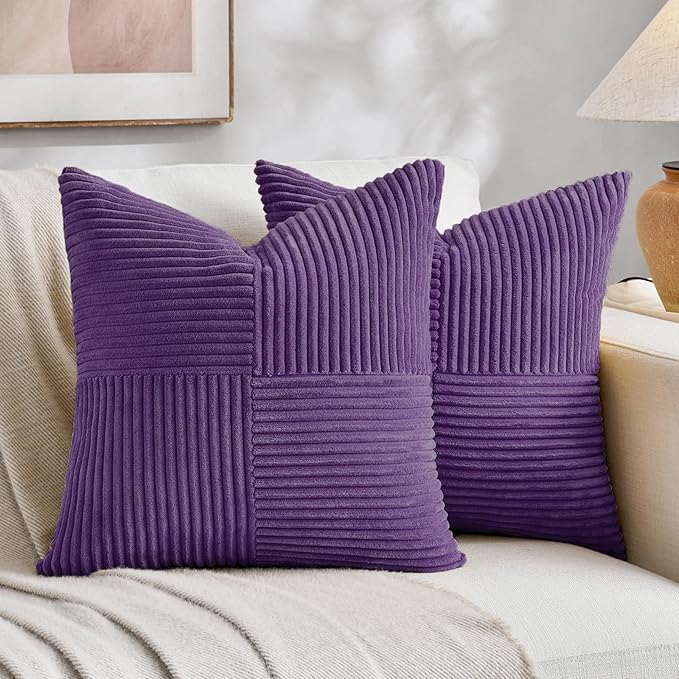 Fancy Homi Set of 2, Purple Patchwork Corduroy Decorative Soft Striped Modern Accent Cushion Case Farmhouse Boho Neutral Throw Pillow Covers for Chair Couch Bed Sofa Living Room 28x28 Inch