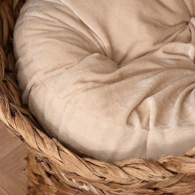 PawHut Handwoven Elevated Cat Bed for Indoor Cats 23.5" H Light Brown | Soft Cushion & Egg Chair Shape, Basket Bed Kitty House with Stand, Raised Wicker House