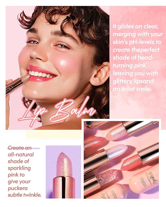 Glimmer Balm Tinted Lip Balm Moisture Hydrate lipsticks PH Lipstick, Color Changing Lipstick Natural Chapstick Glitter Pink Lip Gloss, 3pack