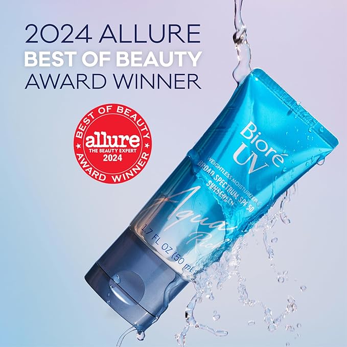 Biore UV Aqua Rich Daily Hydrating Facial Moisturizer with SPF 50 | Oil Free Sunscreen for Sensitive Skin with Hyaluronic Acid, Non-Comedogenic, Dermatologist Tested, 1.7 Oz