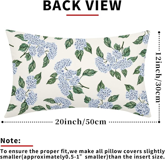 Square Blue Hydrangea Flower Pillow Covers 12x20 Inch Set of 2 Spring Blue Floral Cornflower Throw Pillow Cases Outdoor Linen Square Cushion Cover Farmhouse Decor for Bedroom Home Sofa Couch Bed