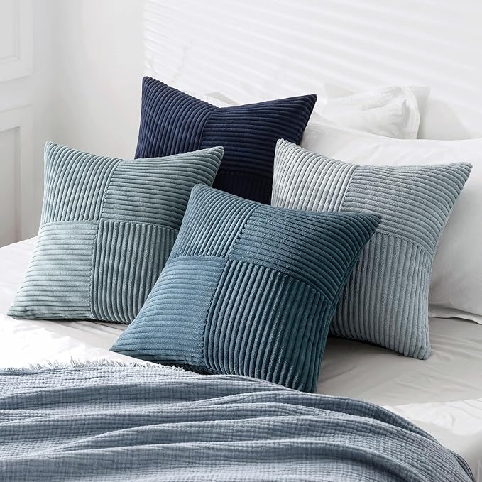 MIULEE Dusty Blue Navy Farmhouse Throw Pillow Covers 20x20 Inch Set of 4 Boho Patchwork Gradient Cushion Cases Western Modern Pillow Cases Corduroy Home Decor for Couch Sofa Living Room Bed