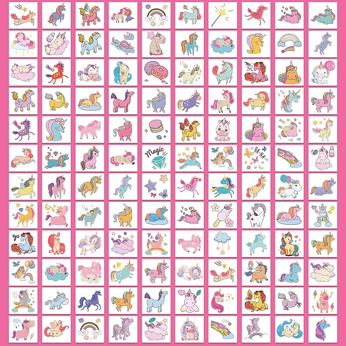 Partywind 408 PCS Kids Tattoos for Party Supplies, Individually Wrapped Sheet Temporary Tattoos Stickers for Kids Goodie Bag Stuffers, Fun Birthday Party Favors - Unicorns