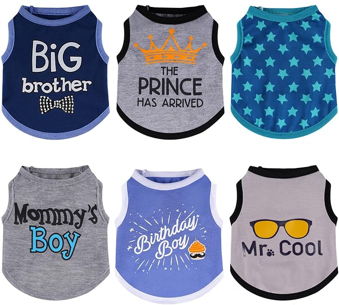 Sadnyy 6 Pack Dog Shirt Printed Pet Sleeveless Vests T Shirts, Small | Dog Boy Shirts with Letter, Cool Breathable Soft Outfit, Cat Sweatshirt for Small Dog Puppy Accessories