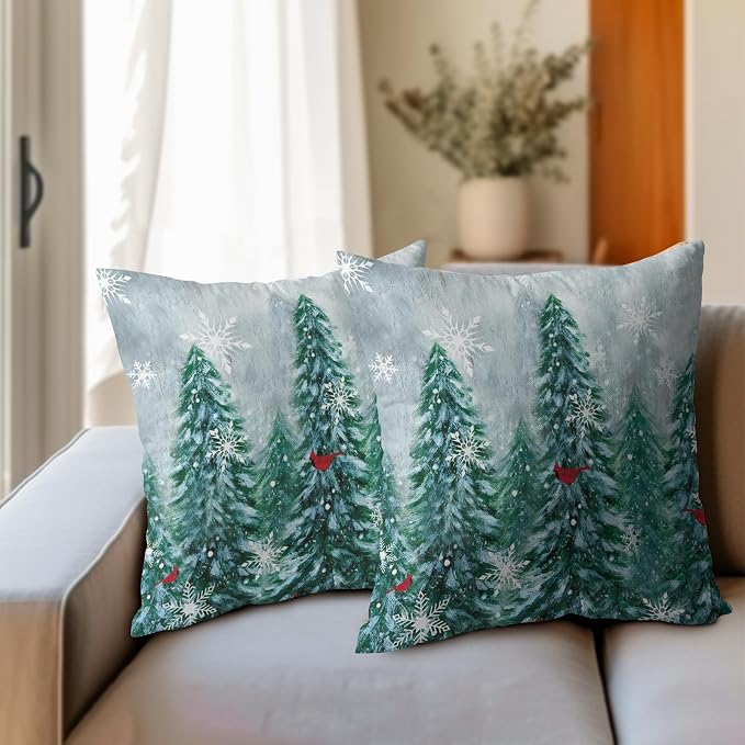 Kawani Winter Snow Forest Pillow Covers Set of 2, Christmas Decor Cotton Linen Pillowcase 16x16 Inch Green Pine Tree Red Bird Throw Pillows Cushion Cover Home Sofa Couch Indoor Decoration