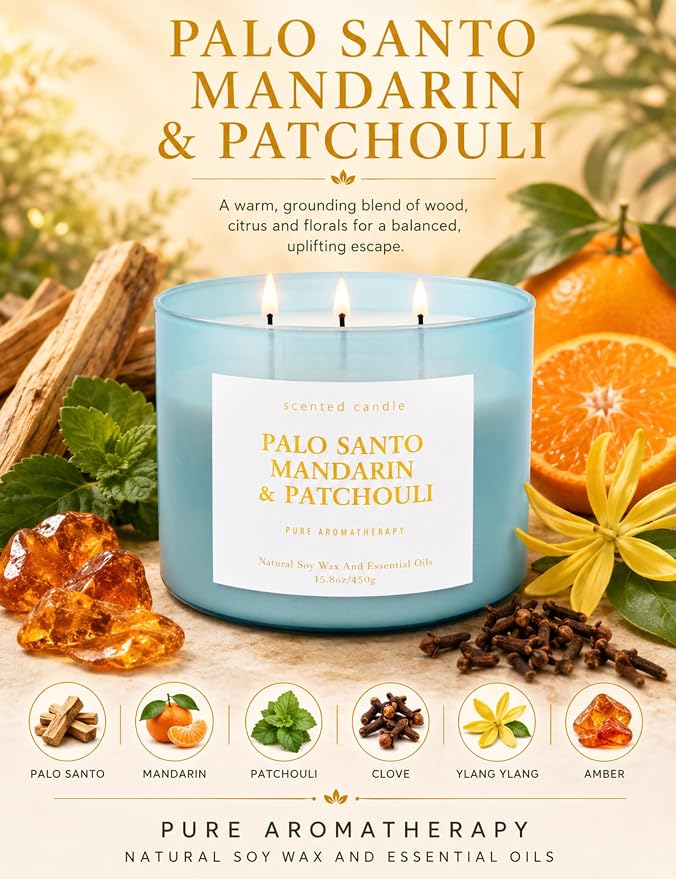 Palo Santo Mandarin Patchouli 3-Wick Soy Candle | 15.8 oz Calming Aromatherapy Candle for Home | Clean Burn Long Lasting | Warm Wood Citrus Scent | Stress Relief Candle Gift for Women & Men