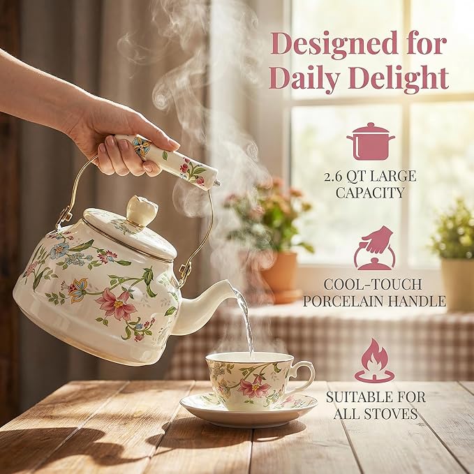 Jucoan 2.6 Quart Vintage Enamel Tea Kettle, Green Floral Stovetop Water Kettle Teapot with Porcelain Handle for Home Kitchen Camping Tea Party, Gift for Bridal Shower Wedding Housewarming Mother's Day