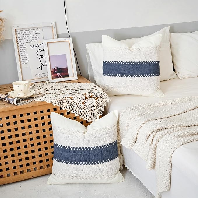 Throw Pillow Covers 1PC for Living Room, Cotton & Burlap, Boho Sytle Decorative Home (Beige & Blue, 18x18 Inch)