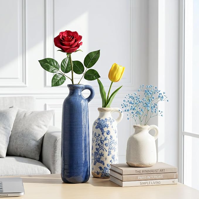 Ceramic Vase Set, 3Pcs Flower Vases for Modern Boho Farmhouse Decor, Decorative Vases for Pampas Grass & Dried Flowers, Distressed Finish