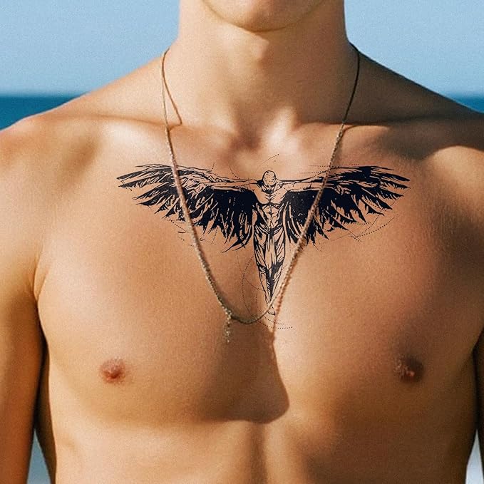 Semi Permanent Tattoo for Men(Large), 2 Sheets Angel Wing Tattoos, Lasts 7-15 Days, Develops Fully in 48H, Realistic, Waterproof and Non-Reflective, for Back Chest