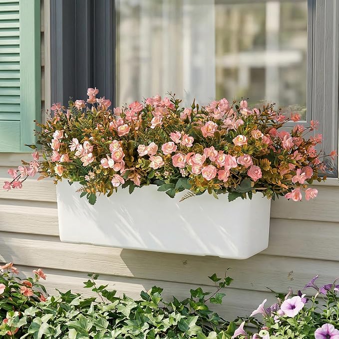 RM ROOMERS Artificial Flowers Plants for Outdoors, Fake Flowers Pink Rose | Pink Mini Rose UV Resistant Faux Flower for Garden Porch Windowbox Front Door Yard, No Fade Home Vase Decor (4 Bundles)