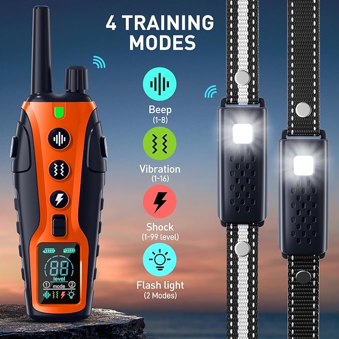 Dog Shock Collar 2 Dogs(15-150lbs) with Flashing Light for Night Walks,4500FT Dog Training Collar Adjustable Pitch Beep(1-8), Vibration(1-16), Safe Shock(1-99), and Keypad Lock