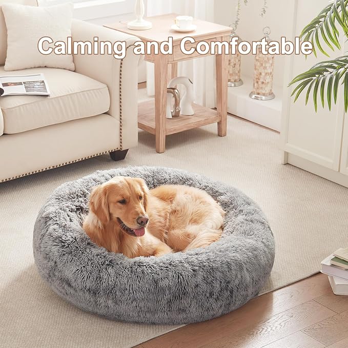 36 inches Faux Fur Fluffy Donut Dog Bed for Large Dogs,Dark Grey | Calming Plush Round Pet Bed with Removable & Washable Cover,Fits up to 80 lbs Pets