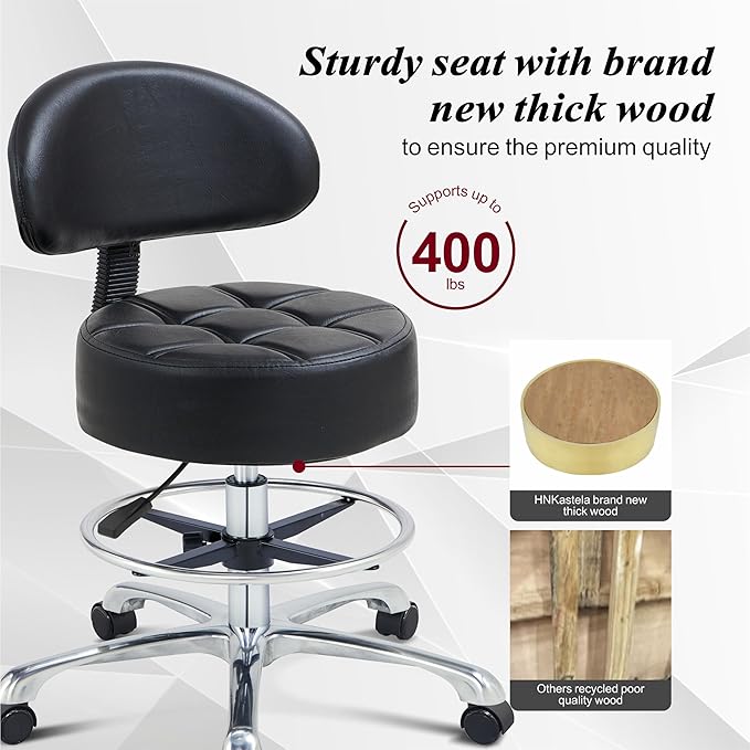 Height Adjustable Rolling Shop Stool with Back Support - Kitchen Stool with Wheels Heavy Duty for Salon, Spa, Massage, Tattoo, Esthetician - Extra Thick for Extreme Comfort
