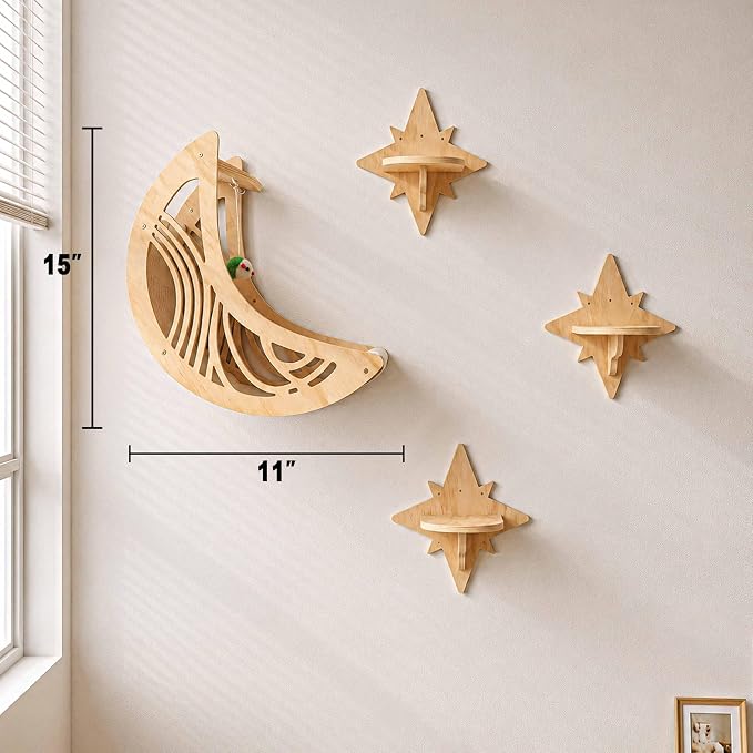 Moon & Star Cat Wall Shelves, Modern Cat Furniture Perch for Indoor Cats | Kitten Shelves with Decorative Cutouts, Space-Saving, Stable & Safe, Paintable, Pre-Drilled, Wood Cat Climbing System