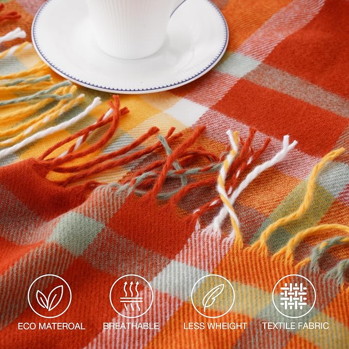 Fall Plaid Throw Blanket for Couch, Orange Plaid Blankt 50"x60", Fall Decor | Burnt Orange Throw Blanket, Soft Decorative Woven Blanket with Tassels, Rustic Farmhouse Style Blanket Throw for Bed Sofa