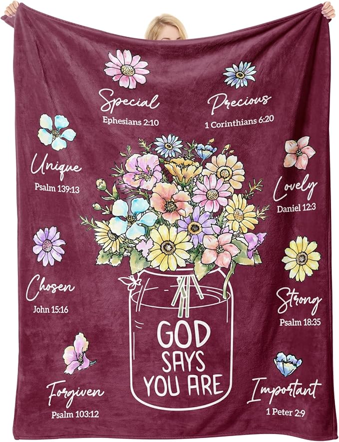 Christian Birthday Gifts for Women, Burgundy Christian Blanket with Flowers | Birthday Gifts for Women, Baptism Religious Christmas Spiritual Gifts for Grandma Mom Daughter, Wine Red Blankets 60''x 50''