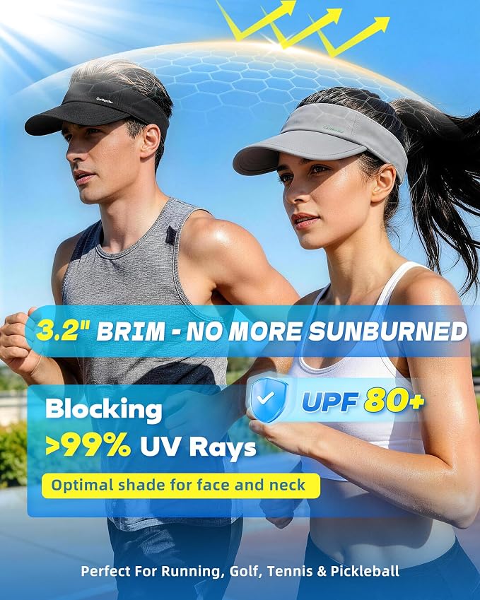 Sun Visor Hats for Women Men - Wide Brim Quick Dry Adjustable Hat | Upf 80+ Sun Protection Sport Hat, Cooling Sweatband; Breathable Quick-Dry Fabric Visors for Running, Tennis, Golf, Sports