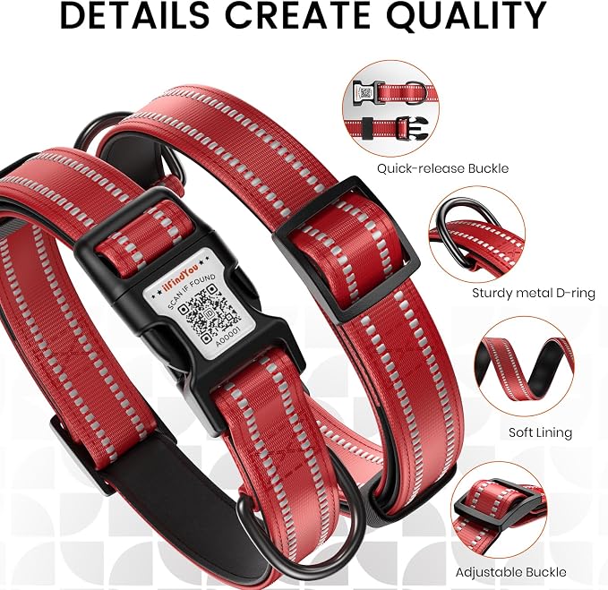 Personalized Dog Collar with QR Code Dog Tag, Wine 05 S | Anti-lost, 1000D nylon, reflective, padded, XS-L(8"-24"), QR buckle shares lost pet profile, location alerts when scanned