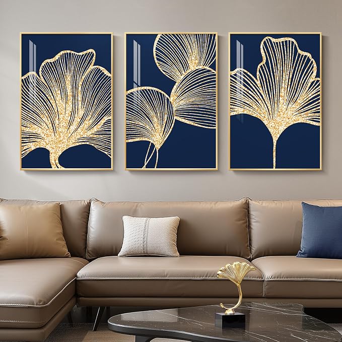Framed Modern Luxury Wall Art for Living Room, Large Navy Blue and Gold Ginkgo Leaf Artwork for Walls, 3 Piece Contemporary Bright Style Floral Prints for Bedroom Office Hallway Wall Decor, 24x36 Inch | Large navy blue leaf prints, Bright style crystal...