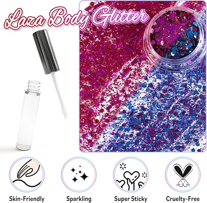 Laza Body Glitter, 2 Jars Iridescent Chunky Sequins with Glitter Glue Perfect for Women Eyeshadow Makeup Face Paint Festival Rave outfits Hair Accessorie Carnival Party Costumes - Brilliant Purple Red