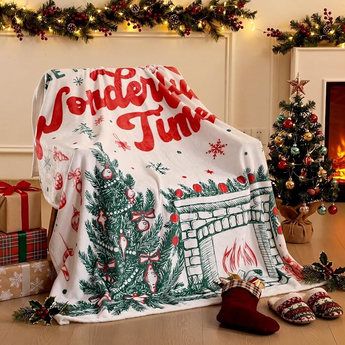 50'' x 60'' Christmas Throw Blanket Plush Warm Blanket | It's the Most Wonderful Time Christmas Plush Gift Winter Decor for Sofa Couch Bed