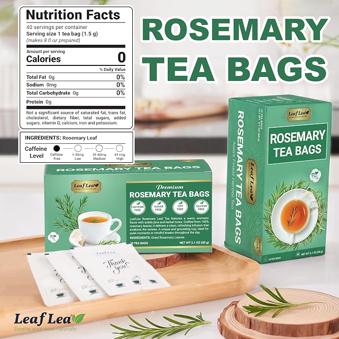 LeafLea Rosemary Tea Bags, Pure Rosemary Leaf Herbal Tea, Caffeine-Free | Te De Romero with a Soothing, Earthy Taste, Individually Foil-Wrapped for Freshness, Sugar-Free, Non-GMO, 40 Tea Bags