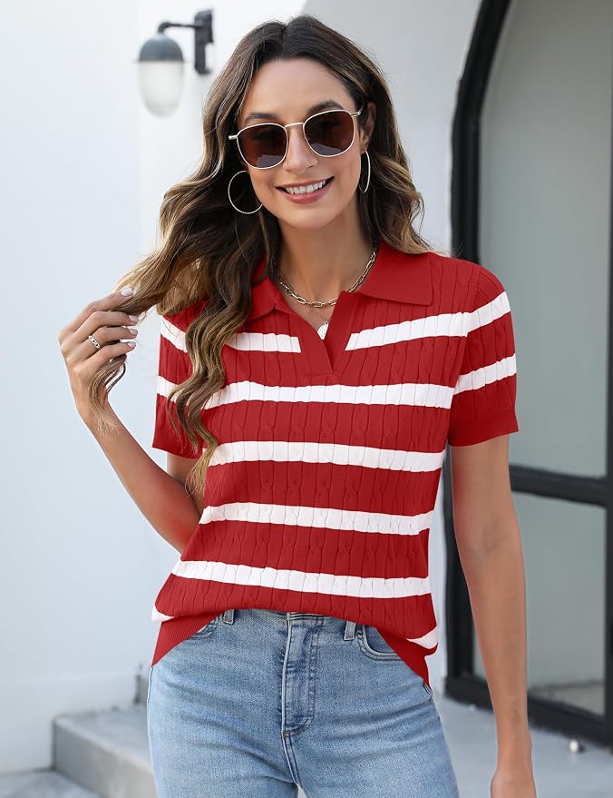 Micoson Womens Short Sleeve Sweater Tops Lapel V Neck Polo Shirts 2026 | Summer Cable Knit Loose Blouses, Business Casual Outfits