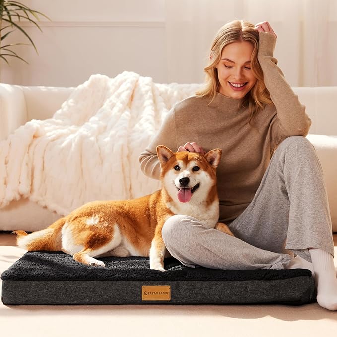 Patas Lague Orthopedic Large Dog Bed Washable Pet Sofa Mat 48''X30'' Black | Egg-Crate Foam Dog Couch For Large Sized Dogs, Waterproof Removable Cover, Soft Pet Crate Bed With Nonskid Bottom