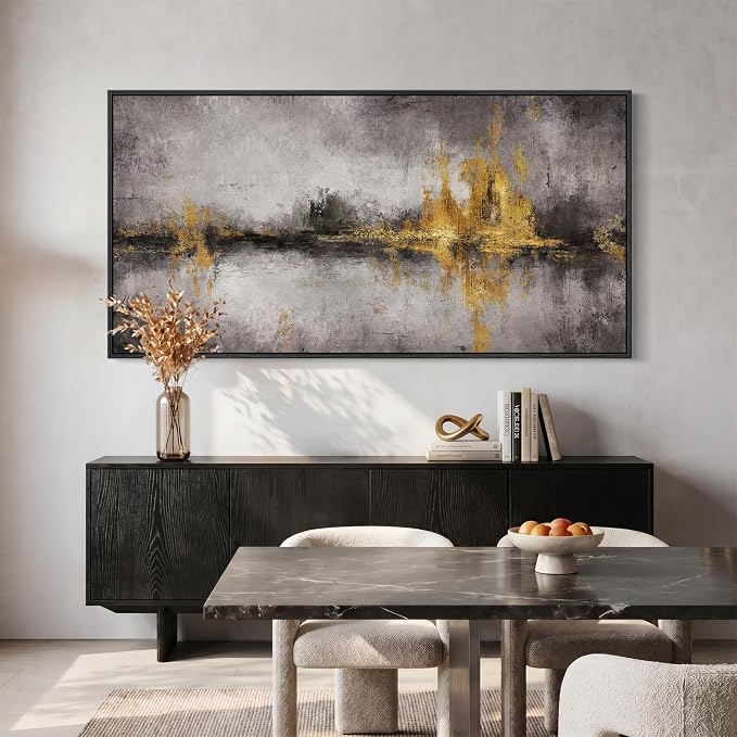 Large Framed Black Grey and Gold Abstract Wall Art for Living Room, 60x30 | Oversized modern picture, Horizontal canvas prints, Wood frame, Neutral paintings artwork, Wall Decor for Bedroom Dining Room