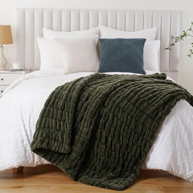 BATTILO Super Soft Faux Fur Throw Blanket for Couch, 60"x80", Double Side | Olive Green Throw Blanket, Minky Couture Blanket, Cozy Warm Fluffy Faux Fur Blanket For Bed, Sofa Living Room