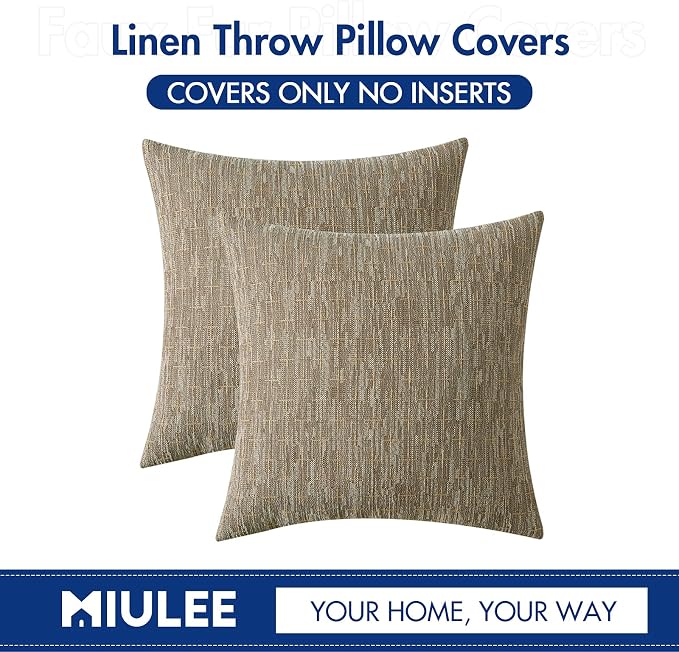 MIULEE Pack of 2 Decorative Burlap Linen Throw Pillow Covers Modern Farmhouse Pillowcase Rustic Woven Textured Cushion Cover for Sofa Couch Bed 18x18 Inch Light Brown