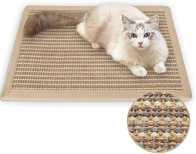 FUKUMARU Cat Scratcher Mat, 23.6 X 15.7 Inch Natural Sisal Cat Scratch Mat | Horizontal Cat Scratching Pad Mat Floor Rug with Sticky Tapes, Cat Wall Scratcher for Indoor Cats, Protect Carpet, Thicken