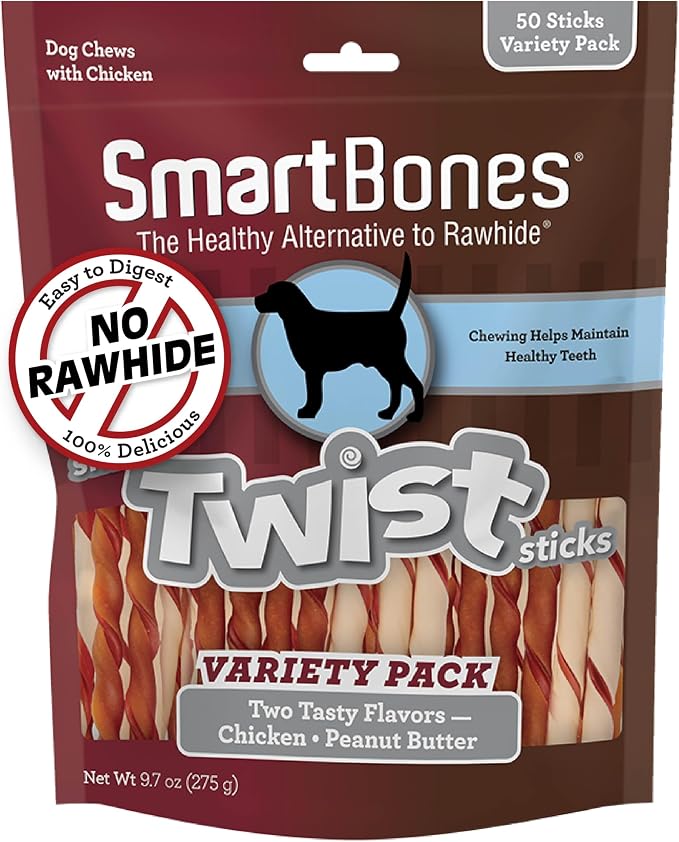 SmartBones Twist Sticks Rawhide-Free Dog Treats, Variety Pack, 50 Count | Chicken or Peanut Butter Flavor, Easy To Digest Chew, Vitamin & Mineral Enriched, Maintains Healthy Teeth, For Adult Dogs