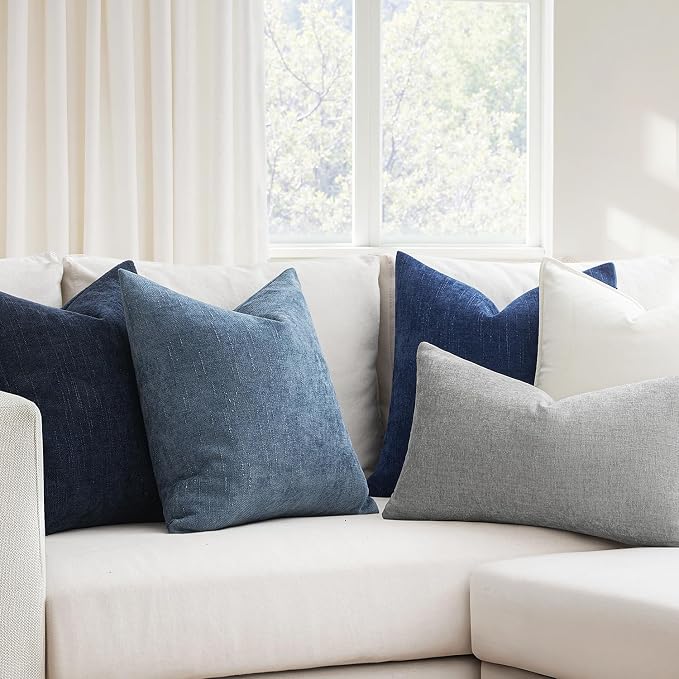 MIULEE Textured Chenille Throw Pillow Covers 20x20 Inch Dark Blue | Pack of 2 Decorative Soft Throw Pillows, Solid Textured Cushion Covers, Modern Home Decor for Couch Sofa Bedroom Living Room