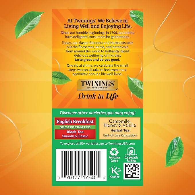 Twinings Decaffeinated Irish Breakfast Black Tea Individually Wrapped Bags, 20 Count (Pack of 1), Flavourful, Robust, Enjoy Hot or Iced, 20 Teabags