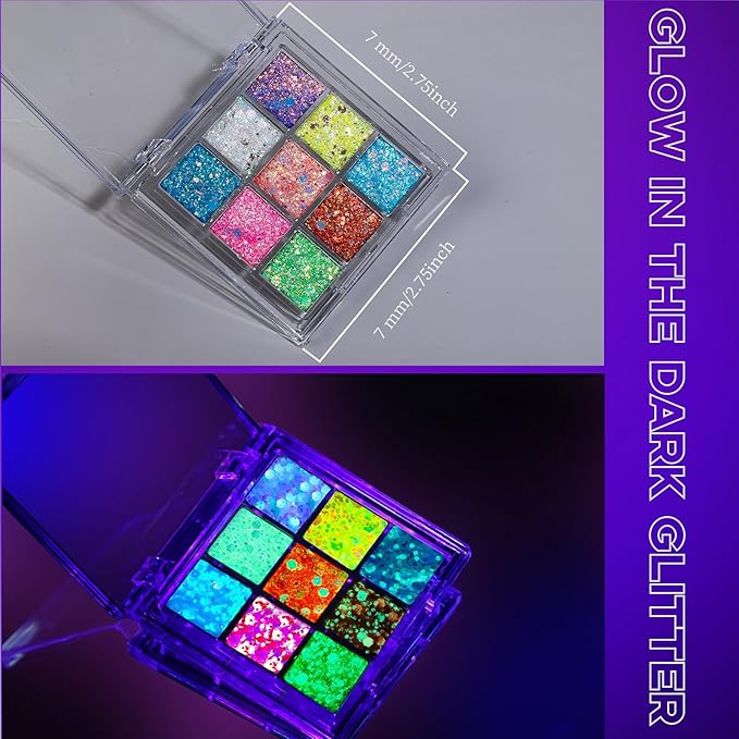 YGDZ Glow in The Dark Body Glitter, Face Glitter Gel, Mermaid Face Gems Kit, Hair Glitter Jewels for Makeup, Festival Outfits for UV Black Light Party, Rave Accessories for Women