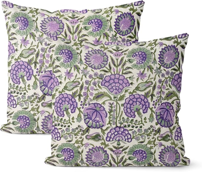 Block Print Pillow Covers 18x18 Inch Pack Of 2 Boho Purple Green Floral Decor Throw Pillow Covers Spring Summer Flower Pillowcase Outdoor Farmhouse Decorative Cushion Cover for Home Couch Sofa