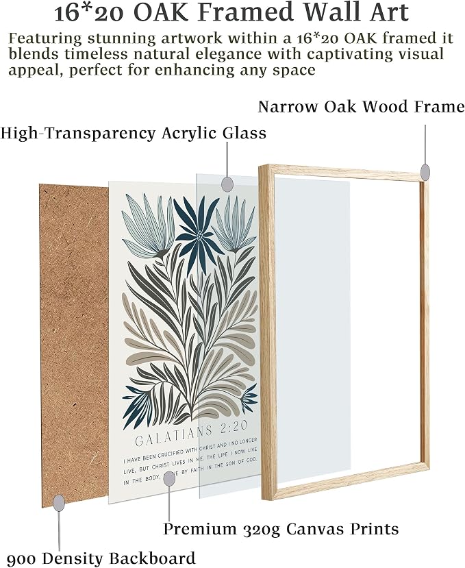 EcoHest 16x20 in Galatians 2:20 Botanical Floral Framed Christian Wall Art | Solid Oak Wood Frame with Canvas Wall Art, Nature Scripture Bible Verse Decor for Bedroom, Living Room, Office, Church, 1Pack