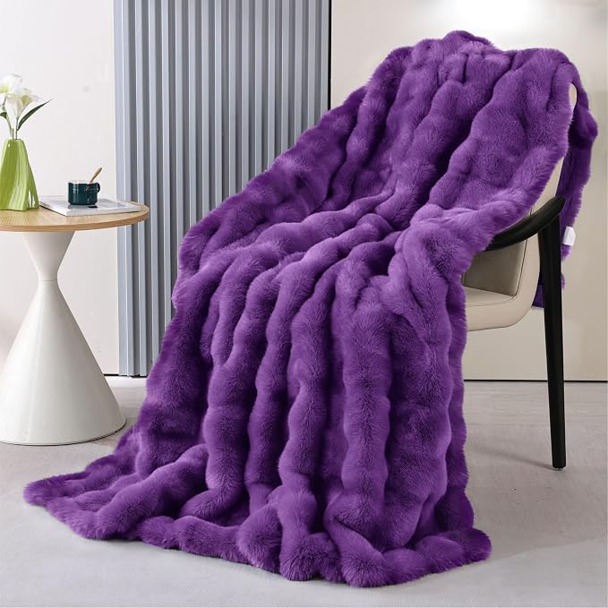 Purple Faux Fur Throw Blanket for Couch, Double-Sided Bubble Textured Plush Blanket with Soft Flannel Back, Decorative Throw for Sofa or Bed, Machine Washable, 60x80 Inches, 860 GSM