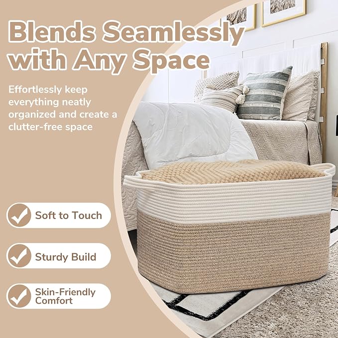 Goodpick Large Woven Rope Blanket Basket, Rectangle, White & Light Brown | 21.6" × 14.9" × 11.8" Storage Basket for Pillows & Toys Laundry, Nursery & Living Room Organization, Reinforced Handles