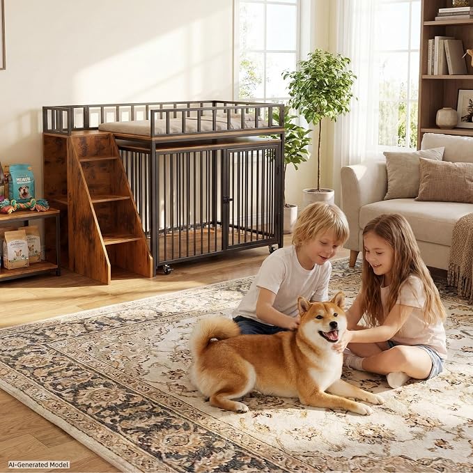 37" Dog Crate Furniture, Wooden Dog Kennel Indoor w/Storage(Rustic Brown) | Heavy Duty Pet Cage Indoor for Small & Medium Dogs, Dog Kennel with Storage Shelf, 4 Lockable Wheels and Stairs, Loft-Style