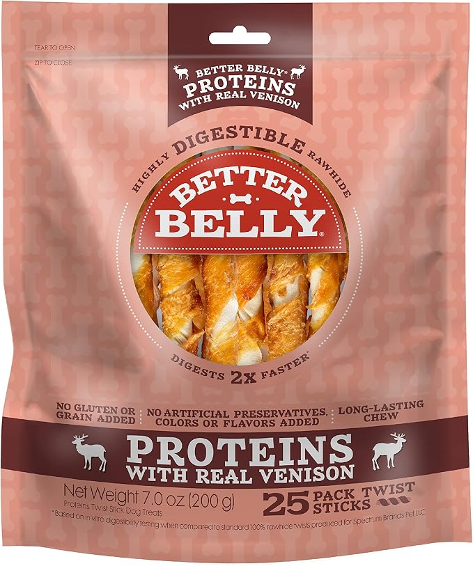 Better Belly Proteins Twist Sticks Highly Digestible Dog Treats, 25 Count