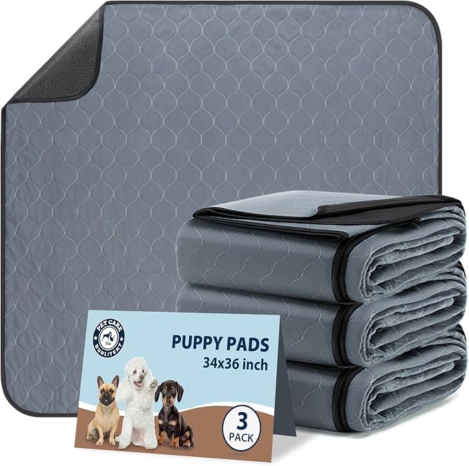 Bunlitent Washable Pee Pads for Dogs 34 x 36, 3 Pack, Reusable Puppy Pads | Grey, Reusable, Fast Absorbent, Waterproof, Non-Slip, For Whelping, Training, Incontinence, For Dog Playpen, Crate, Car