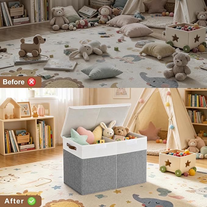 Large Toy Storage Box with Lids, Collapsible Sturdy Baby Storage Organizer Chest Bin Basket for Kids, Boys, Girls, Playroom, Nursery, Bedroom, Closet 25"x13"x16" (Gray and White)