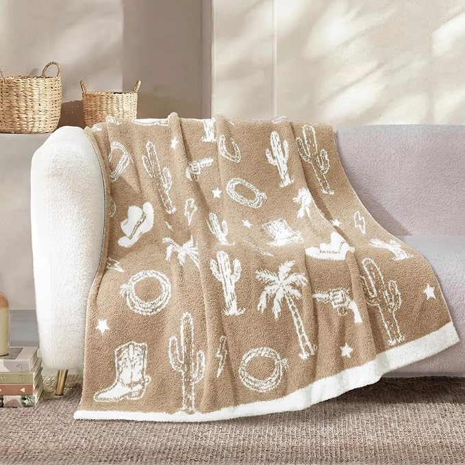 Snuggle Sac Western Throw Blanket for Couch Bed Sofa 50x60 inches, Reversible Beige Cowgirl Blanket Ultra Soft Cozy Blankets for Women Mothers Birthday Gifts