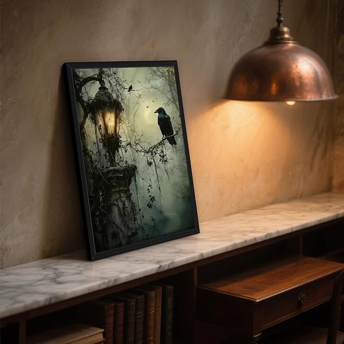 Gothic Decor Framed Wall Art, Vintage Dark Academia Canvas Prints, Horror Forest Crow Wall Decor for Living Room Bedroom Home Decor – Black Wooden Frame 12x16in