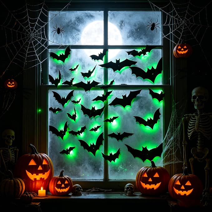 DR.DUDU 36 Pack Bats Halloween Decorations Indoor Bat Wall Decor | Light Up Green LED, Assorted Size, 3D Bat Stickers, for Bedroom Party Walls Bathroom Mirrors Garages Door, Indoor/Outdoor Use